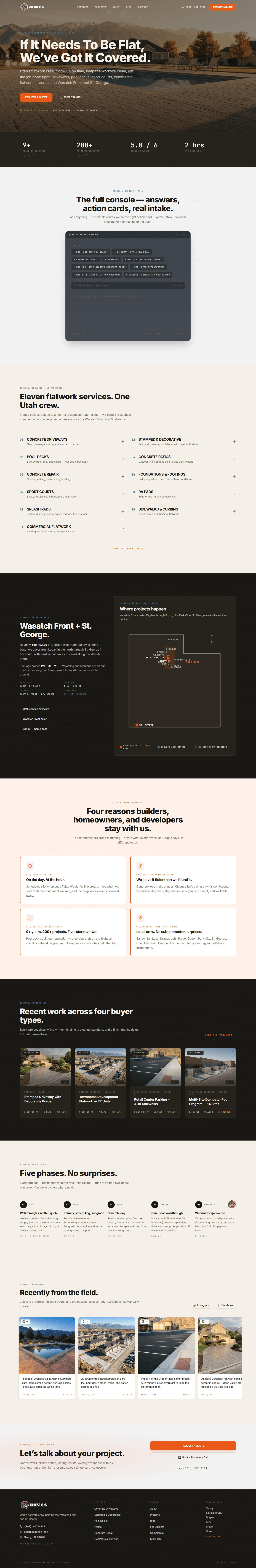 Zion Concrete Specialists website — full page auto-scrolling preview showing hero, services, service areas, process, and contact sections